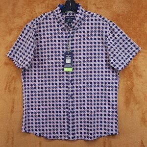 SOCIETY OF THREADS Button Shirt Mens Large Navy Pink Short Sleeve 4 Way Stretch